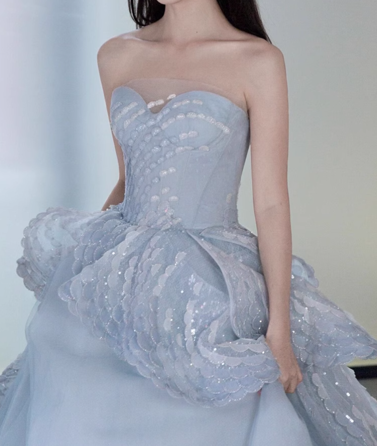 Blue A-line Strapless Tulle Long Prom Dress, Ice Blue Evening Gown HZ1024