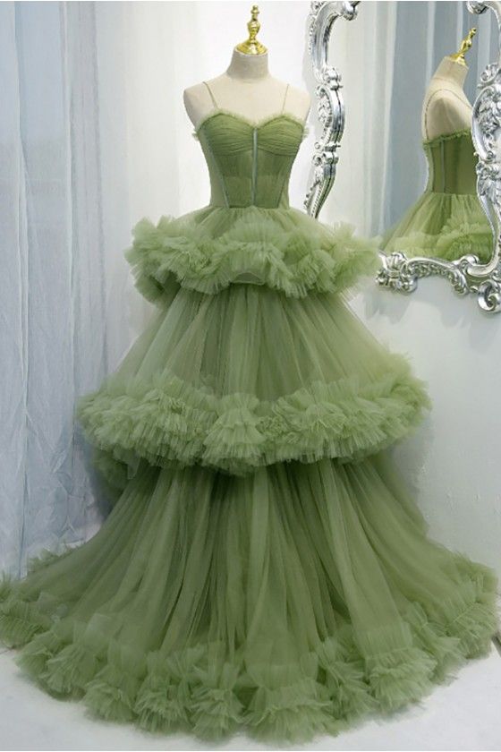 A-line Spaghetti Strap Tulle Long Evening Gown HZ1024