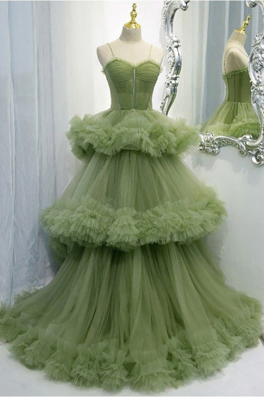 A-line Spaghetti Strap Tulle Long Evening Gown HZ1024