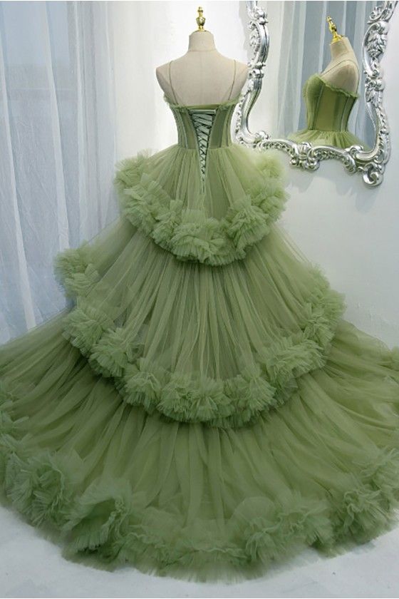 A-line Spaghetti Strap Tulle Long Evening Gown HZ1024