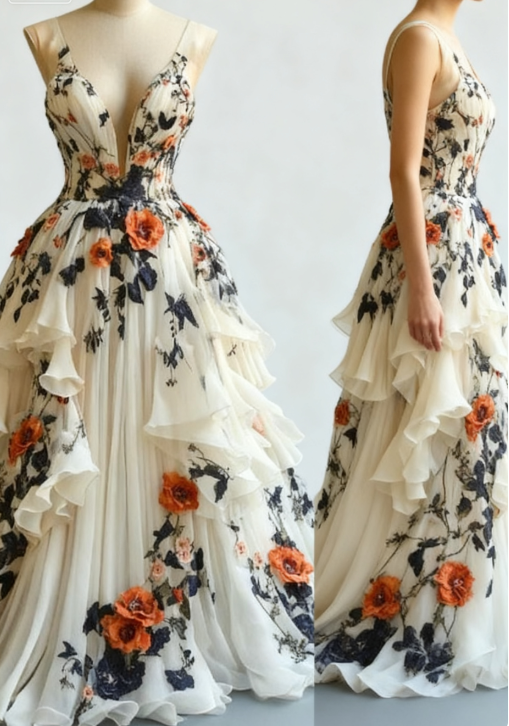 __Fairytale A-line Wedding Dress __Chiffon 3D Applique Evening Dress ED01337