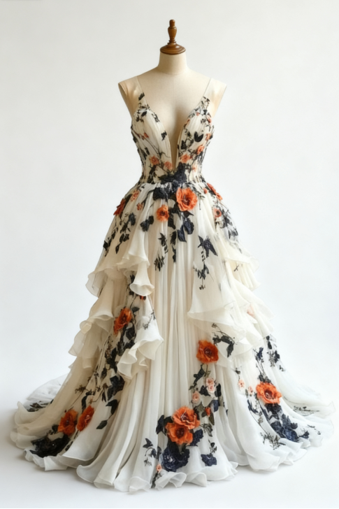 __Fairytale A-line Wedding Dress __Chiffon 3D Applique Evening Dress ED01337