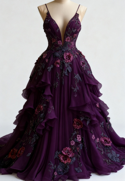 __Fairytale A-line Wedding Dress __Chiffon 3D Applique Evening Dress ED01337