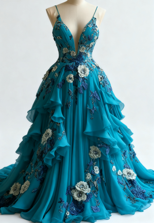 __Fairytale A-line Wedding Dress __Chiffon 3D Applique Evening Dress ED01337