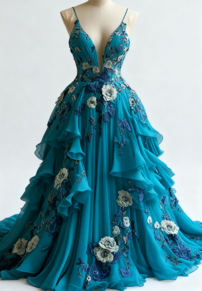 __Fairytale A-line Wedding Dress __Chiffon 3D Applique Evening Dress ED01337