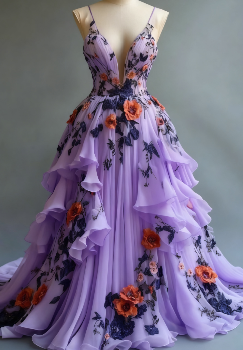 A-line Wedding Dress ??Chiffon 3D Applique Evening Dress HZ1024