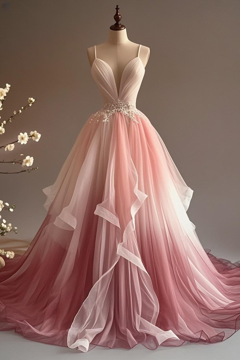 A-Line V-Neck Tulle Applique Long Prom Dress, Spaghetti Strap Vintage Evening Dress HZ1024