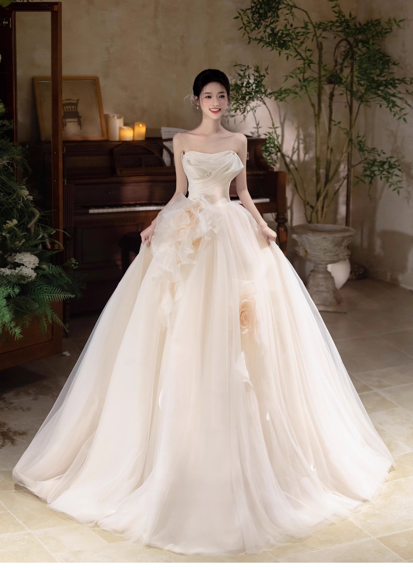 Champagne A-Line Strapless Tulle Wedding Dress£¬Gentle Beaded Long Bridal Dress HZ1024
