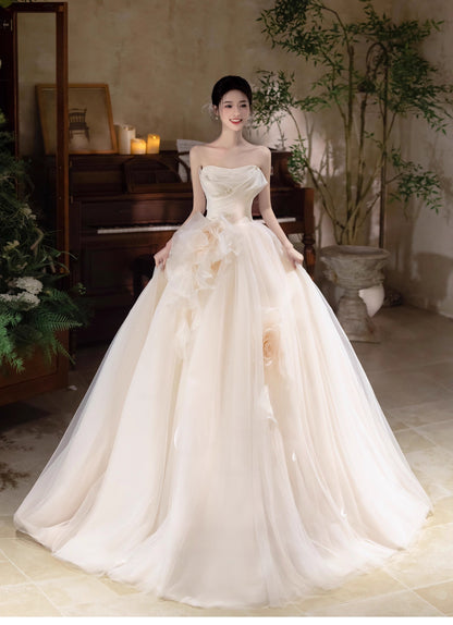 Light Champagne A-Line Strapless Tulle Wedding Dressï¼_entle Beaded Long Bridal Dress ED01352