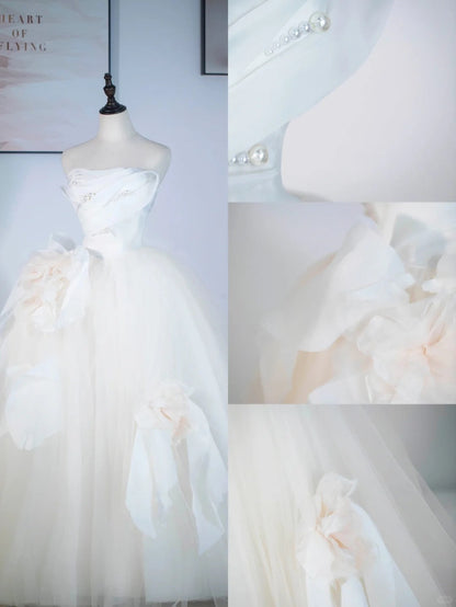 Champagne A-Line Strapless Tulle Wedding Dress£¬Gentle Beaded Long Bridal Dress HZ1024
