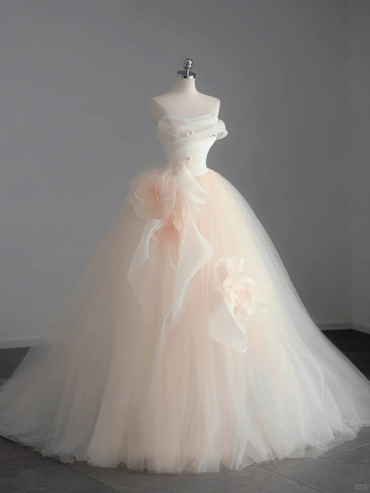 Light Champagne A-Line Strapless Tulle Wedding Dressï¼_entle Beaded Long Bridal Dress ED01352