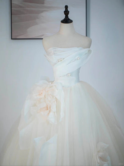 Light Champagne A-Line Strapless Tulle Wedding Dressï¼_entle Beaded Long Bridal Dress ED01352