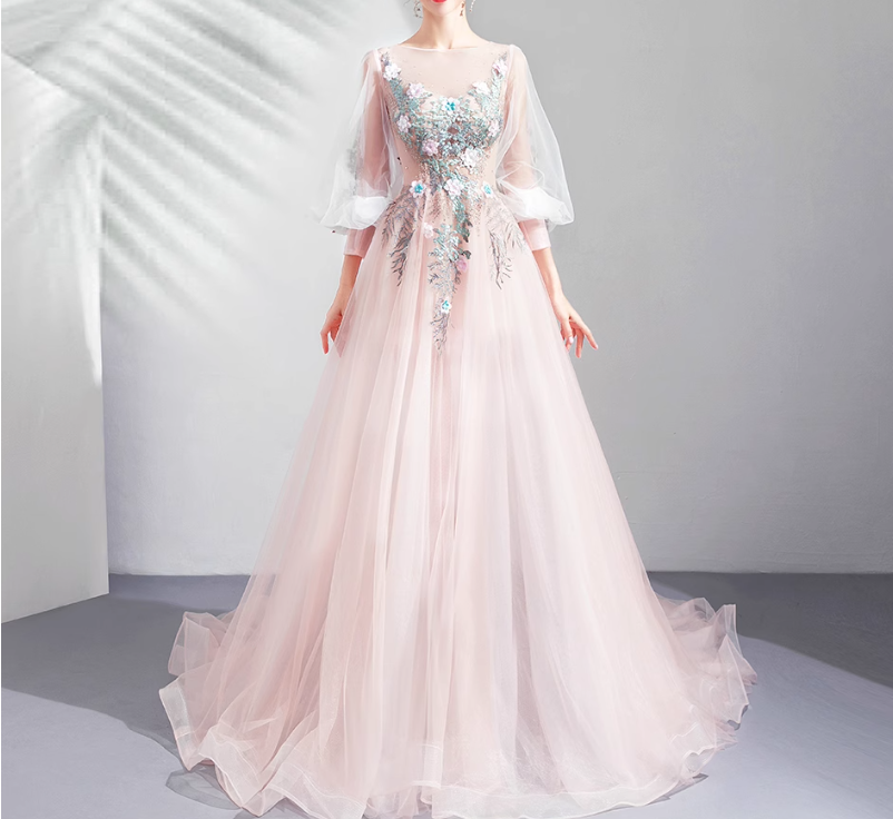 Pink A-line Long-Sleeved Tulle Embroidered Wedding Dress, Gentle Long Prom Dress HZ1024