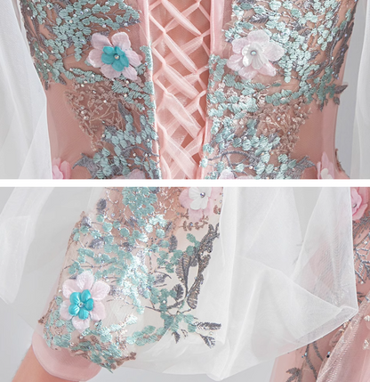 Pink A-line Long-Sleeved Tulle Embroidered Wedding Dress, Gentle Long Prom Dress HZ1024