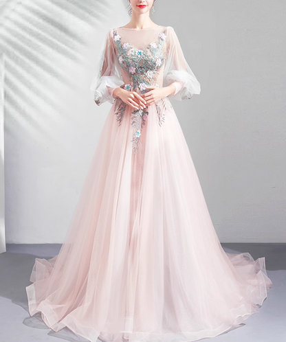 Pink A-line Long-Sleeved Tulle Embroidered Wedding Dress, Gentle Long Prom Dress HZ1024