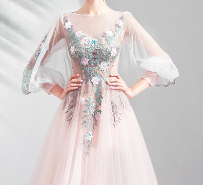 Pink A-line Long-Sleeved Tulle Embroidered Wedding Dress, Gentle Long Prom Dress HZ1024
