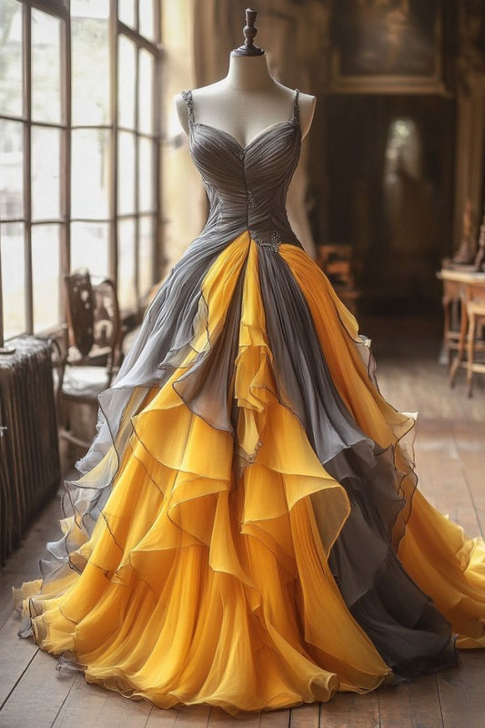 Vintage A-Line Tulle V-neck Long Prom Dresses, Spaghetti Straps Formal Evening Gown ED01354