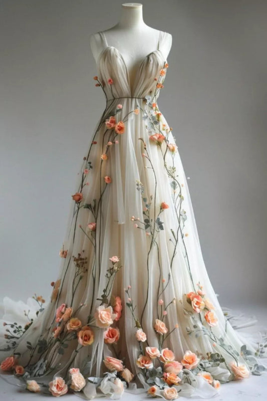 Deep V Neck Wedding Dresses 3D Flowers Appliques Tulle A-line Prom Gowns   ED01358