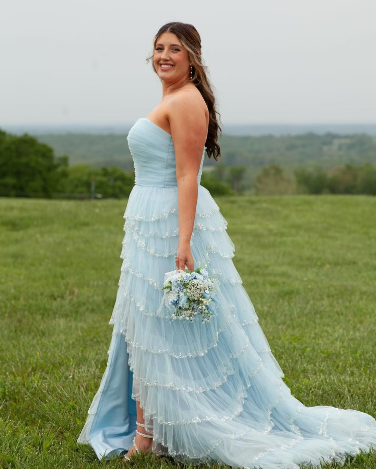 Light Blue Strapless Layered Tulle Prom Dress with Sequins   ED01359