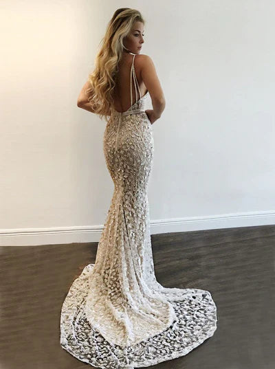 Off-white Gorgeous V-Neck Prom Party Gowns Lace Mermaid Evening Gowns  ED01363