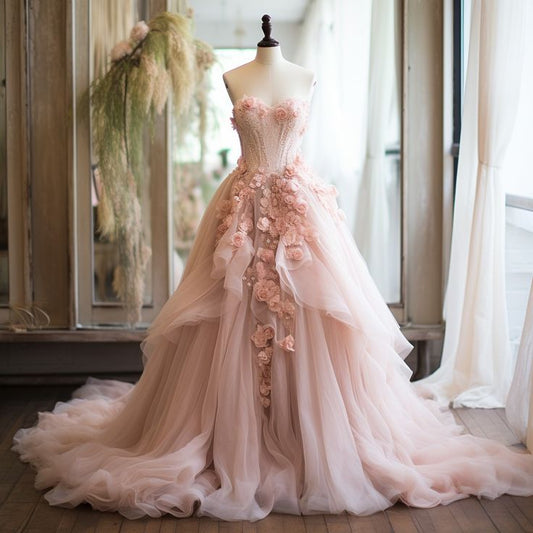 Pink Vintage A-line Sweetheart Lace Tulle Long Evening Gown Applique Wedding Dress  ED01364