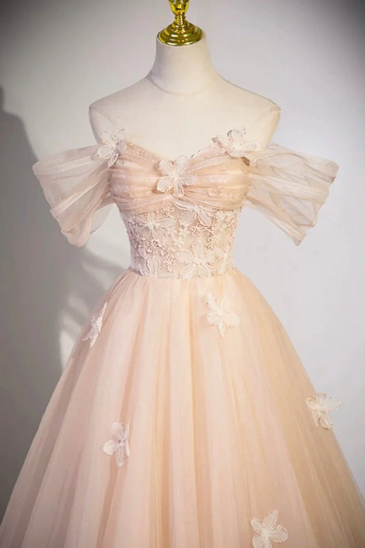 Cute Flowers Tulle Long Formal Dresses, Champagne Off Shoulder Evening Dresses  ED01365