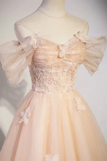 Flowers Tulle Long Formal Dresses, Champagne Off Shoulder Evening Dresses HZ1024