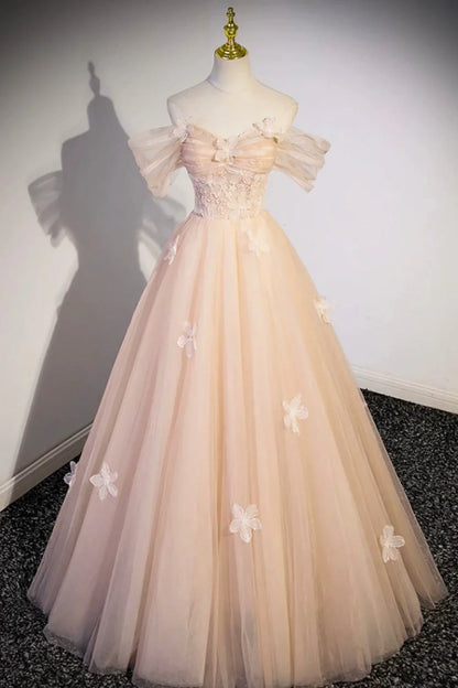 Cute Flowers Tulle Long Formal Dresses, Champagne Off Shoulder Evening Dresses  ED01365