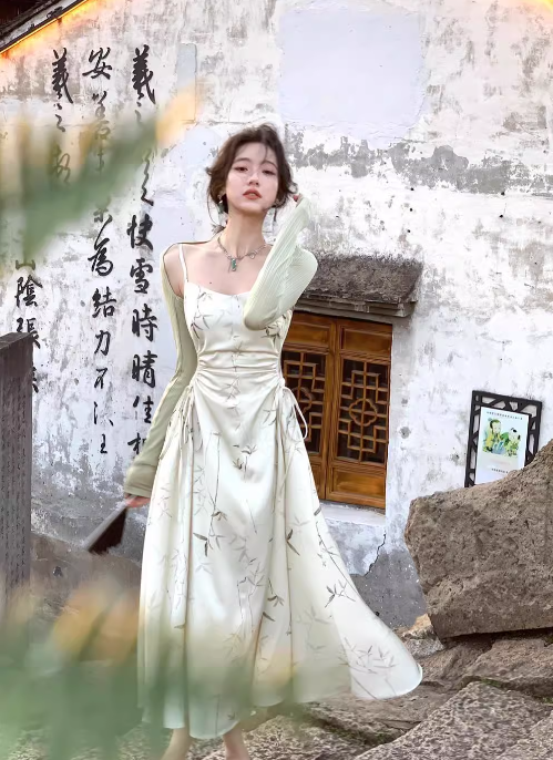 Chinese style suspender satin pleated waist gentle temperament long skirt HZ1024