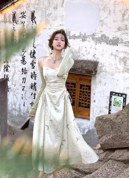 Chinese style suspender satin pleated waist gentle temperament long skirt HZ1024