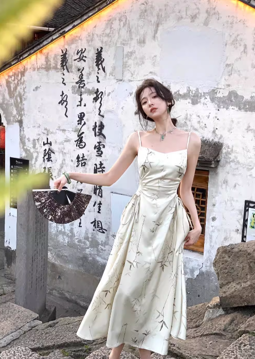 Chinese style suspender satin pleated waist gentle temperament long skirt HZ1024