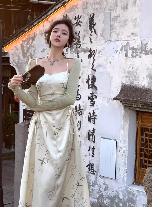Chinese style suspender satin pleated waist gentle temperament long skirt HZ1024