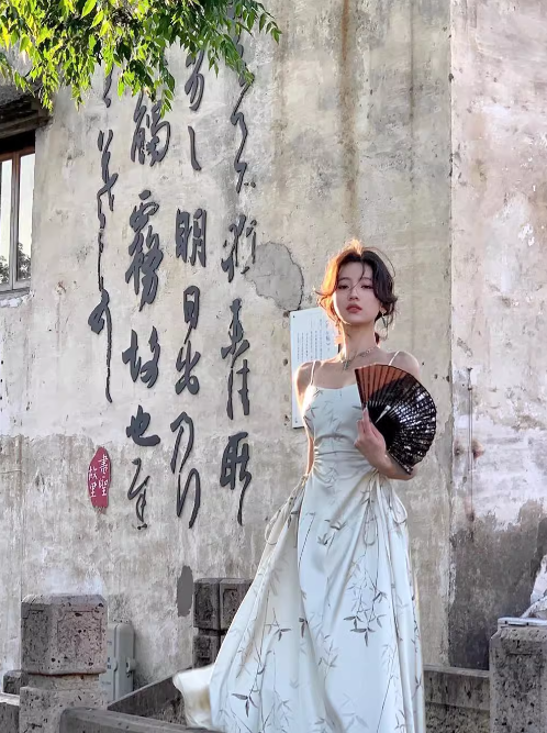 Chinese style suspender satin pleated waist gentle temperament long skirt HZ1024