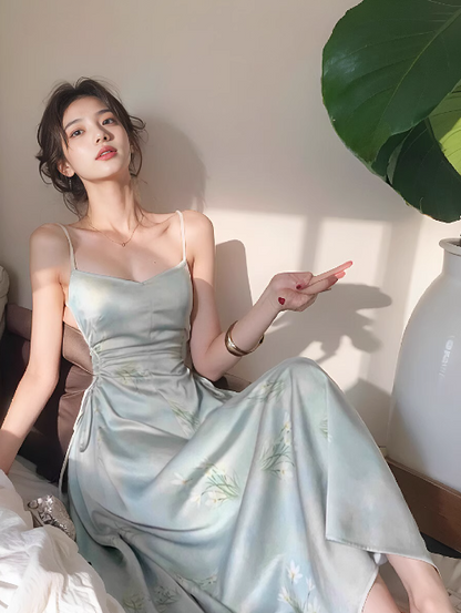 Chinese style suspender satin pleated waist gentle temperament long skirt HZ1024