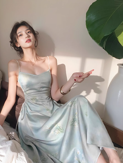Chinese style suspender satin pleated waist gentle temperament long skirt HZ1024