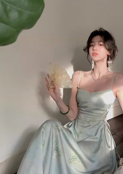 Chinese style suspender satin pleated waist gentle temperament long skirt HZ1024