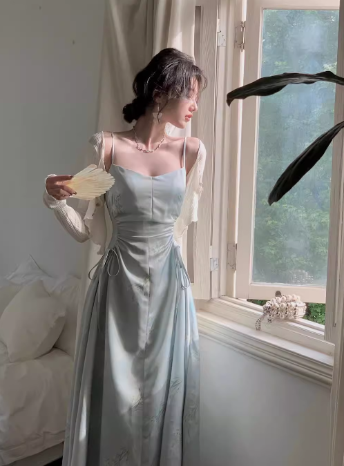 Chinese style suspender satin pleated waist gentle temperament long skirt HZ1024