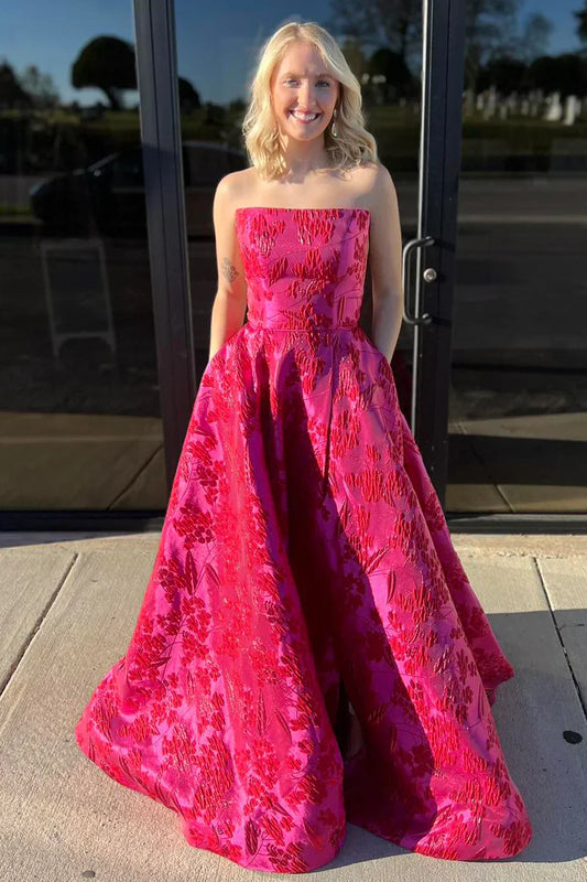A Line Sweetheart Jacquard Satin Red Long Prom Dress with Pockets HZ1024