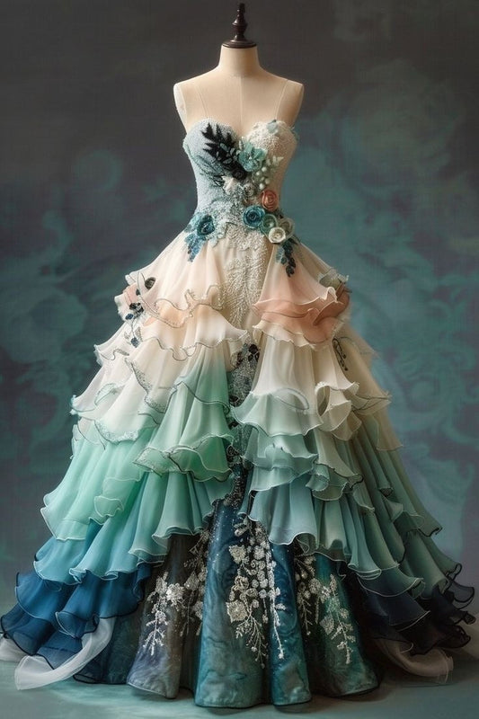 Vintage Ombre  Sweetheart Chiffon Long Ball Gown Embroidered Applique Sweet Floral Formal Dress ED01373