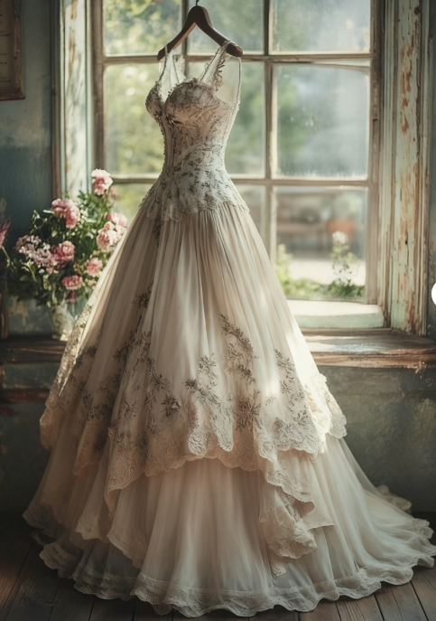 Vintage A-line Sweetheart Neck Tulle Lace Long Prom Dress Applique Sweet Flower Wedding Dress ED01378