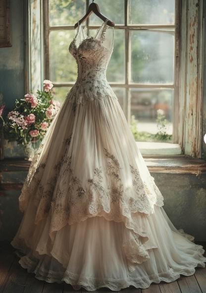 Vintage A-line Sweetheart Neck Tulle Lace Long Prom Dress Applique Sweet Flower Wedding Dress ED01378
