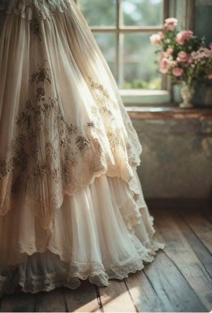 Vintage A-line Sweetheart Neck Tulle Lace Long Prom Dress Applique Sweet Flower Wedding Dress ED01378