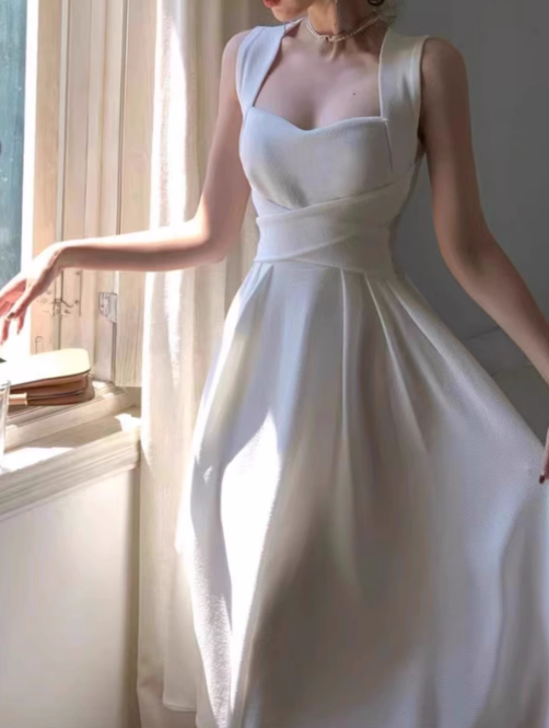 style niche light luxury white straps dress elegant white birthday dress HZ1024