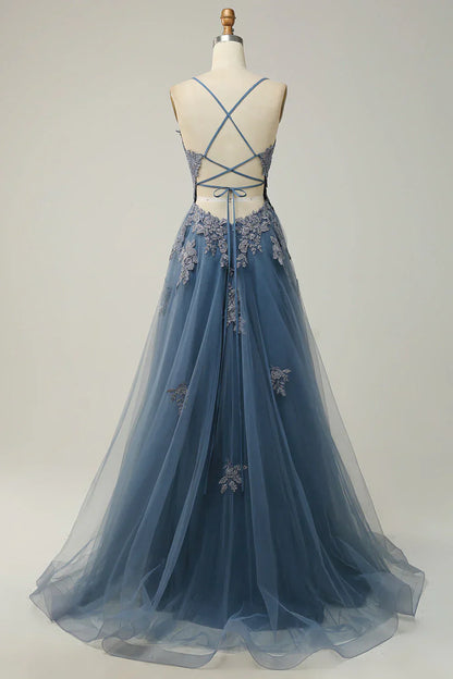A-line Spaghetti Strap Tulle Long Prom Dress Applique V-neck Party Dress HZ1024