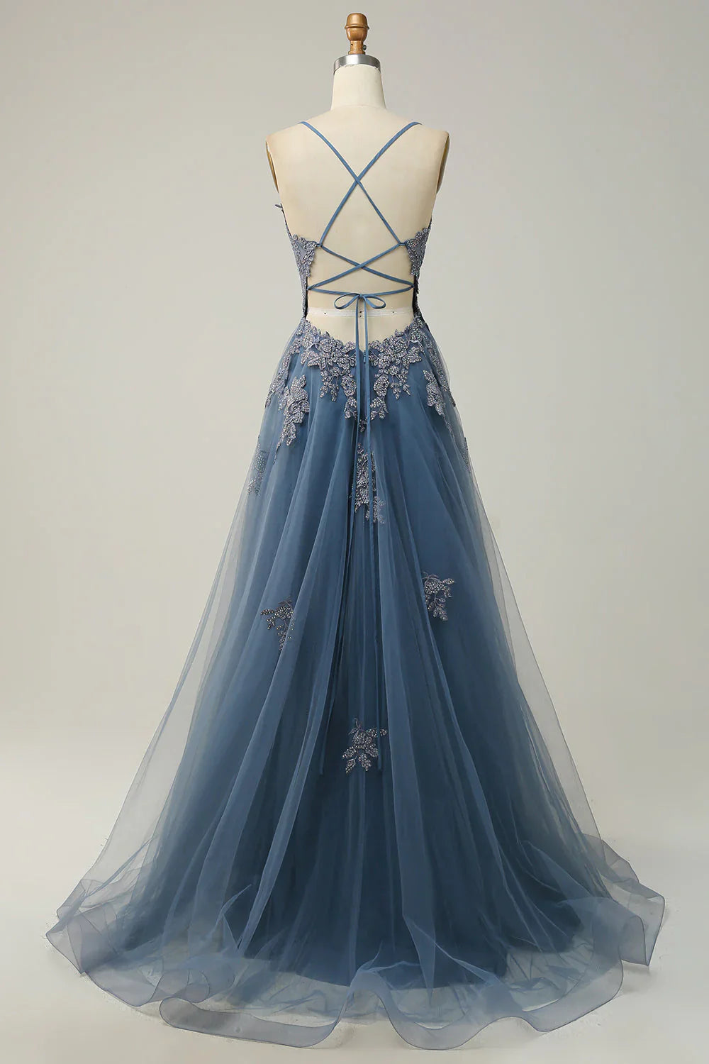 Sage A-line Spaghetti Strap Tulle Long Prom Dress Applique V-neck Party Dress ED01380