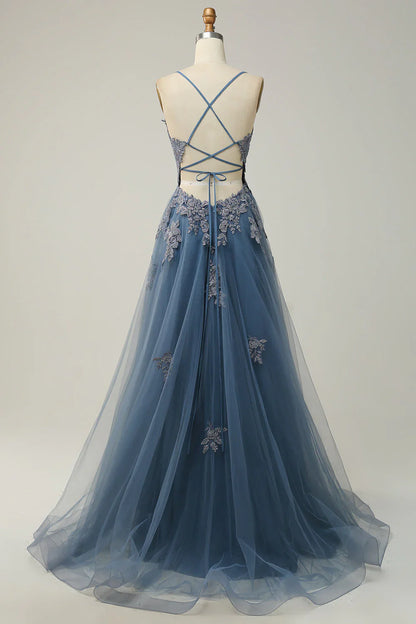 Sage A-line Spaghetti Strap Tulle Long Prom Dress Applique V-neck Party Dress ED01380