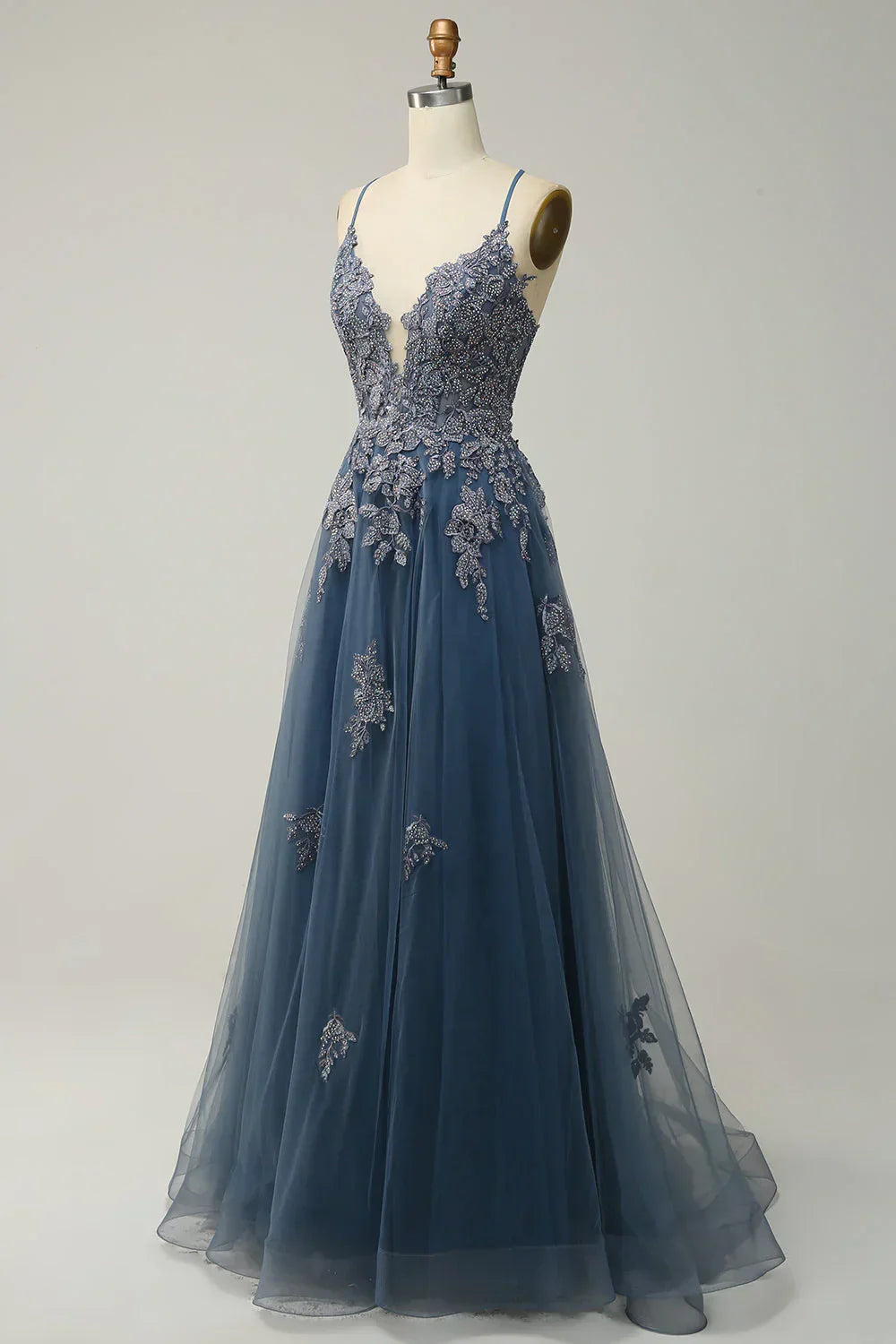 A-line Spaghetti Strap Tulle Long Prom Dress Applique V-neck Party Dress HZ1024