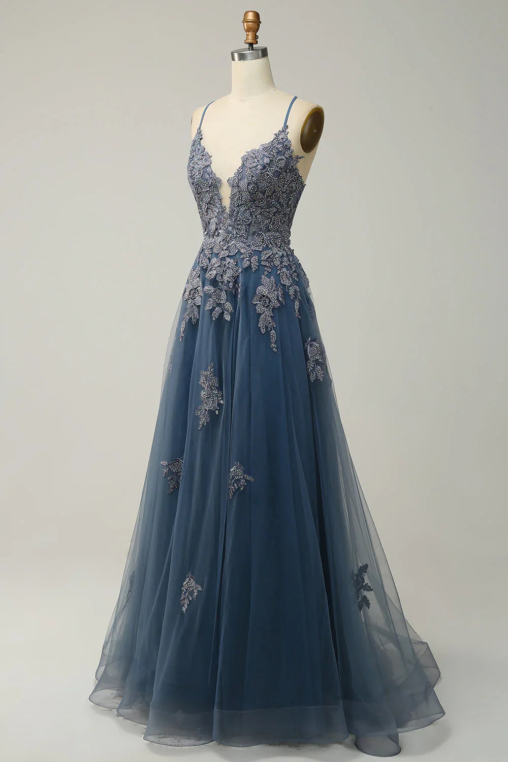 Sage A-line Spaghetti Strap Tulle Long Prom Dress Applique V-neck Party Dress ED01380