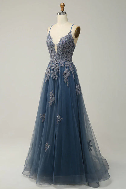 Sage A-line Spaghetti Strap Tulle Long Prom Dress Applique V-neck Party Dress ED01380