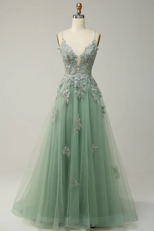 A-line Spaghetti Strap Tulle Long Prom Dress Applique V-neck Party Dress HZ1024